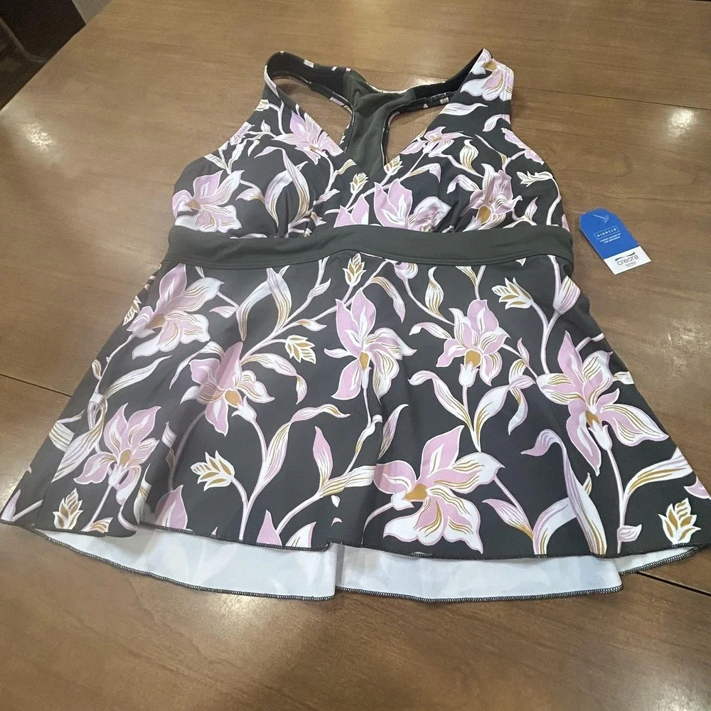 Lands' End Tankini Swim Top Womens 12P Petite Green Floral Racerback Lined